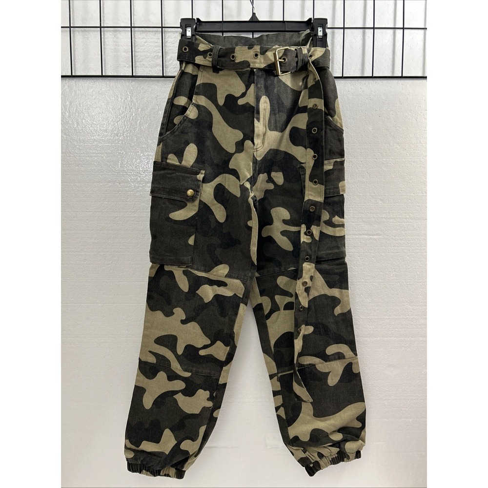 Fashion Nova Pants Women Medium‎ Green Denim Jogger Camo Cotton Cargo SKU B759